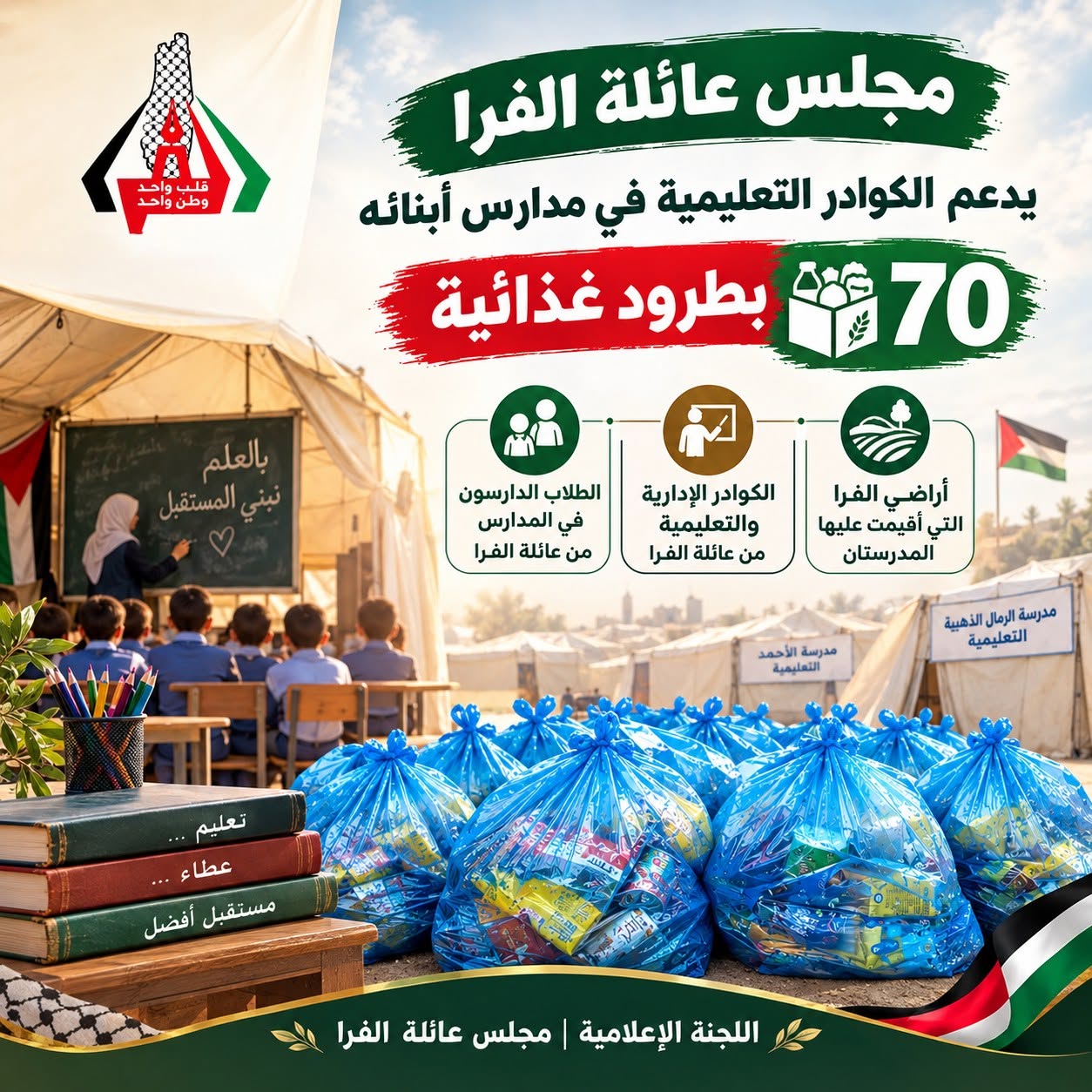 مجلس عائلة الفرا يدعم الكوادر التعليمية في مدارس أبنائه بـ70 طردًا غذائيًا